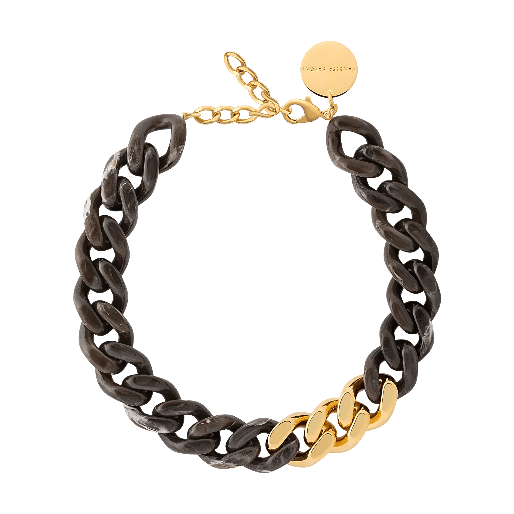 Vanessa Baroni Kette Flat Chain with gold, dark brown marble, vergoldet
