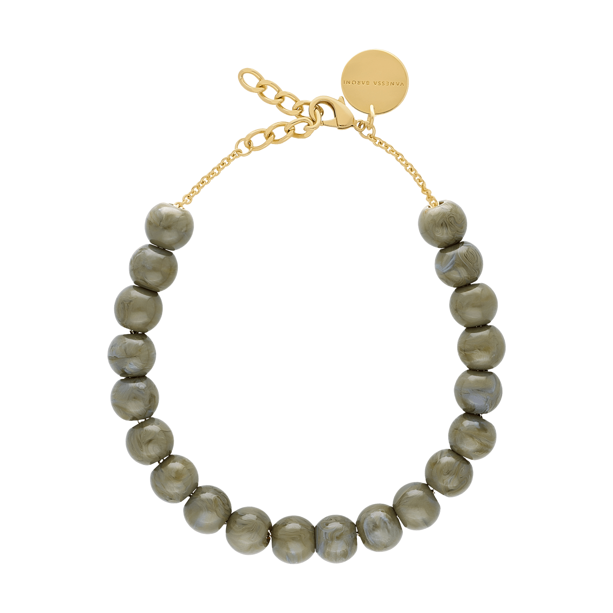 Vanessa Baroni Kette Small Beads Short, light olive marble, vergoldet