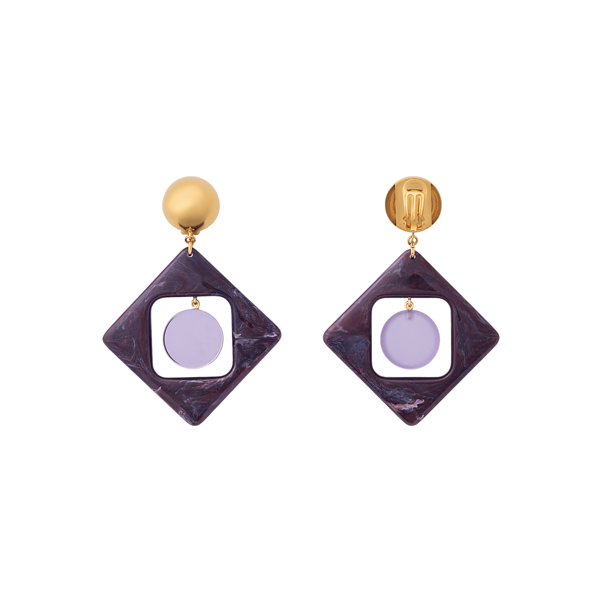 Vanessa Baroni Ohrringe Big Geometric Galaxy with gold, aubergine marble, vergoldet