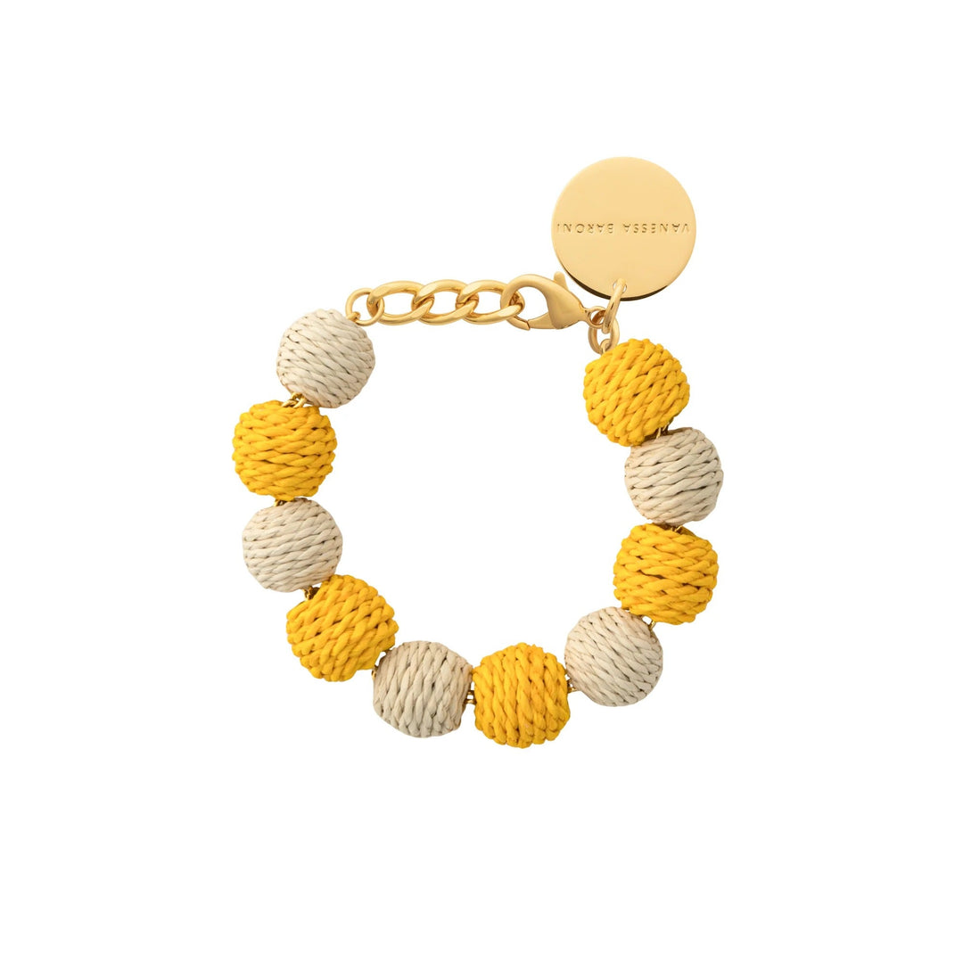 Vanessa Baroni x BONSOL Armband Raffia Small Beads, yellow - sand, vergoldet