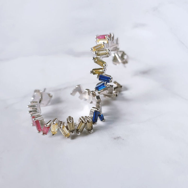 Leaf Creolen Ice Cube, Multi Colour Zirkonia, Silber