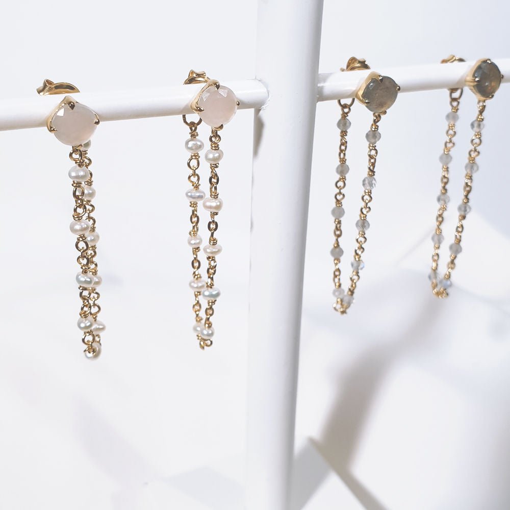 Leaf Ohrringe Flying Gem, Perle/Rosenquarz, vergoldet