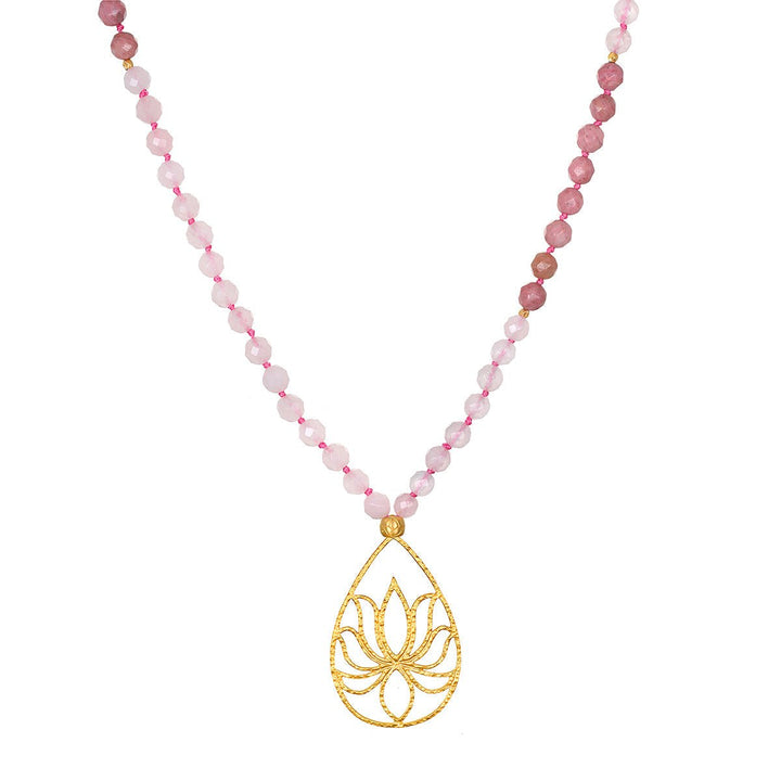 Satya Jewelry Kette Bloom In Love Rose Quartz Lotus Mala, vergoldet