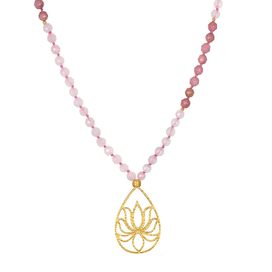 Satya Jewelry Kette Bloom In Love Rose Quartz Lotus Mala, vergoldet