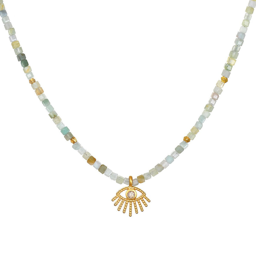 Satya Jewelry Kette Serene Being Evil Eye Aquamarine, vergoldet