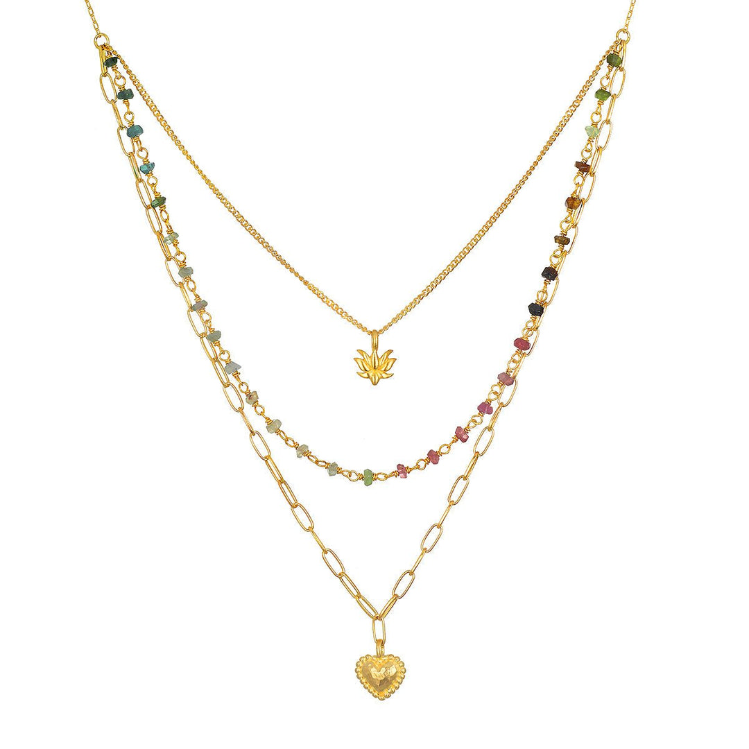 Satya Jewelry Kette Walk with Love Tourmaline Triple Heart, vergoldet