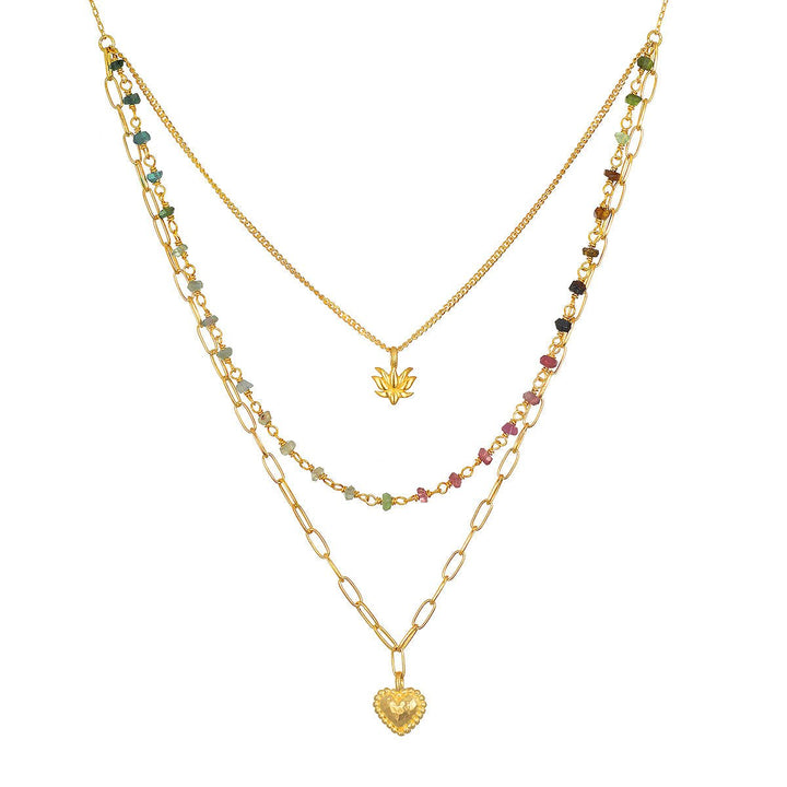 Satya Jewelry Kette Walk with Love Tourmaline Triple Heart, vergoldet