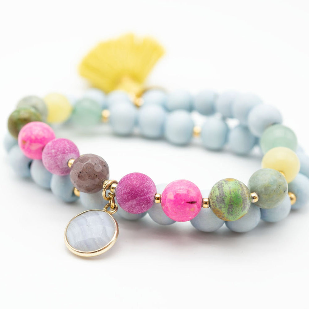 Schmückstück Armband Mala Twin Jelly Bean Blue, vergoldet