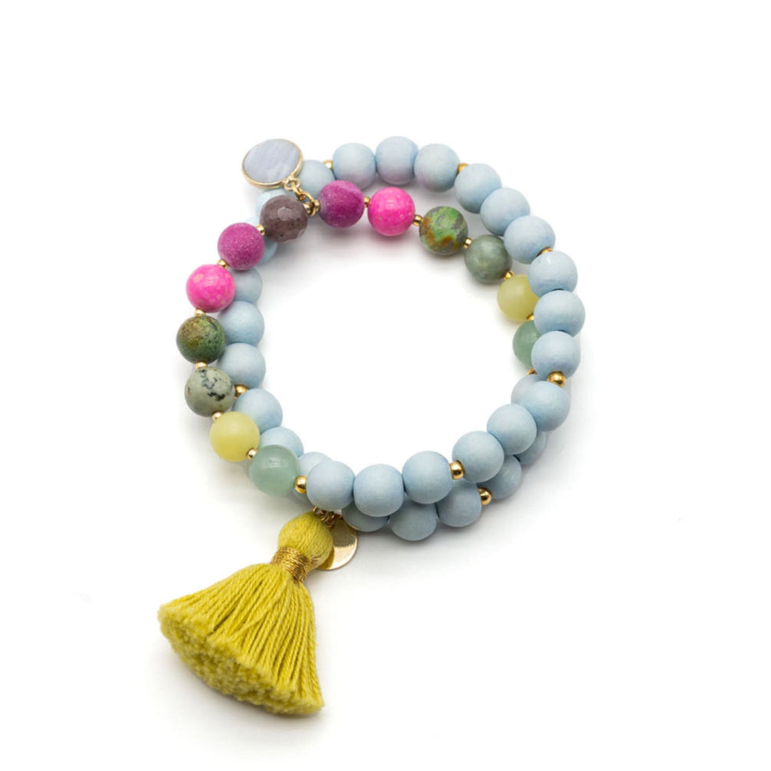 Schmückstück Armband Mala Twin Jelly Bean Blue, vergoldet