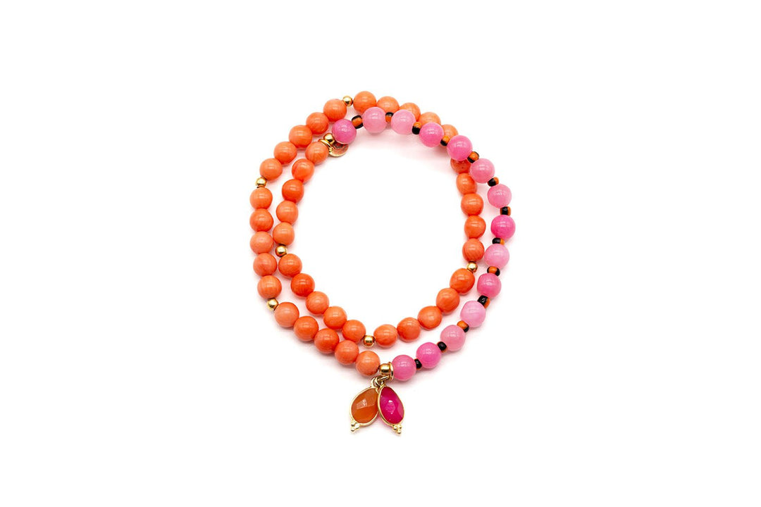 Schmückstück Armband Mala Twin Pink Orange, vergoldet